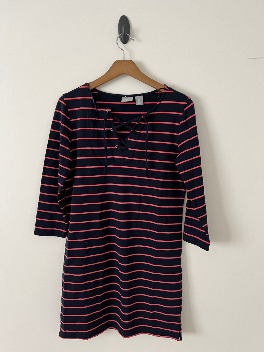 Kenar Navy and Pink Lace-Up Striped Long Sleeve Dress